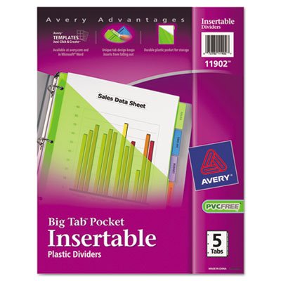 Avery Insertable Big Tab Plastic Dividers w/Single Pockets, 5-Tab, 11 1/8 x 9 1/4 AVE11902