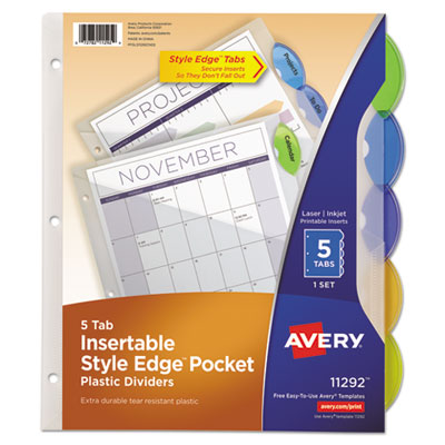 Avery Insertable Style Edge Tab Plastic 1-Pocket Dividers, 5-Tab, 11.25 x 9.25, Translucent AVE11292