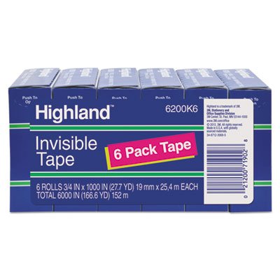 6200341000 Invisible Permanent Mending Tape, 3/4" x 1000", 1" Core, Clear, 6/Pack MMM6200K6