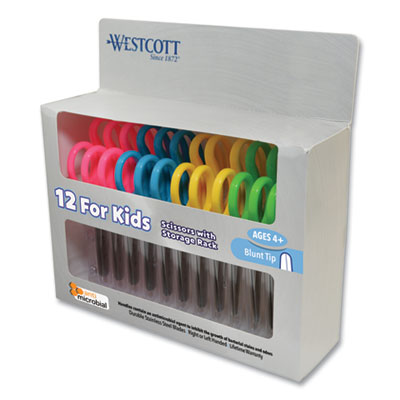 Westcott Kids' Scissors with Antimicrobial Protection, Rounded Tip, 5" Long, 2" Cut Length, Assorted Straight Handles, 12/Pack ACM14871