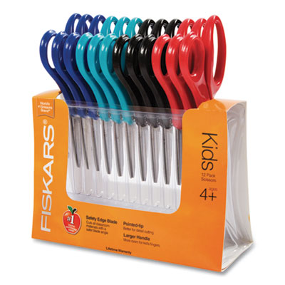 Fiskars Kids/Student Scissors, Pointed Tip, 5" Long, 1.75" Cut Length, Assorted Straight Handles, 12/Pack FSK95037197J