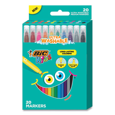 BIC Kids Ultra Washable Markers, Medium Bullet Tip, Assorted Colors, 20/Pack BICBKCM20AST