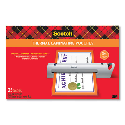 Scotch TP3856-25 Laminating Pouches, 3 mil, 11.5" x 17.5", Gloss Clear, 25/Pack MMMTP385625