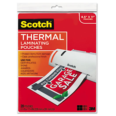 Scotch Laminating Pouches, 3 mil, 9" x 11.5", Gloss Clear, 20/Pack MMMTP385420
