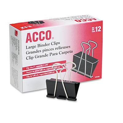 Acco A7072100B Large Binder Clips, Steel Wire, 1 1/16" Cap, 2"w, Black/Silver, Dozen ACC72100