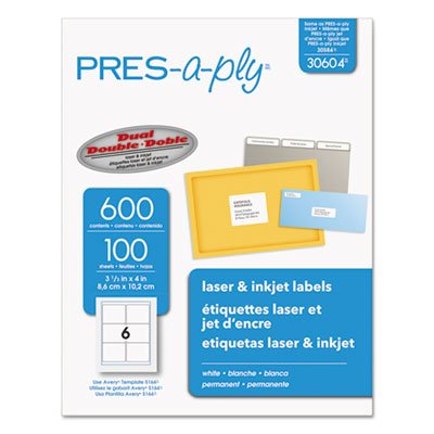 PRES-a-ply Laser Address Labels, 3 1/3 x 4, White, 600/Box AVE30604