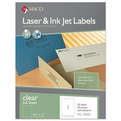 Maco MML-4005 Laser/Inkjet Matte Clear Full Sheet Labels, 8 1/2 x 11, 50/Box MACML4005