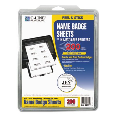 C-Line Laser Printer Name Badges, 3 3/8 x 2 1/3, White, 200/Box CLI92377
