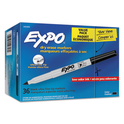 EXPO Low-Odor Dry Erase Marker Office Pack, Extra-Fine Needle Tip, Black, 36/Pack SAN2003894