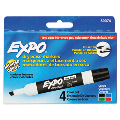 EXPO Low-Odor Dry-Erase Marker, Broad Chisel Tip, Assorted Colors, 4/Set SAN80074
