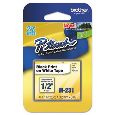 Brother P-Touch M Series Tape Cartridge for P-Touch Labelers, 1/2w, Black on White BRTM231