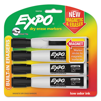 EXPO Magnetic Dry Erase Marker, Broad Chisel Tip, Black, 4/Pack SAN1944729