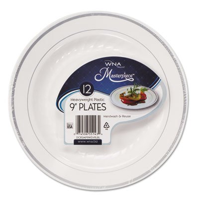 RSMP91210WS Masterpiece Plastic Plates, 9 in, White w/Silver Accents, Round, 120/Carton WNARSM91210WS
