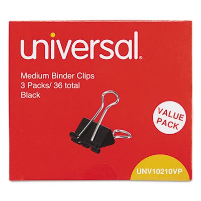 UNV10210 Medium Binder Clips, Steel Wire, 5/8" Cap., 1-1/4" Wide, Black/Silver, 36/Pack UNV10210VP