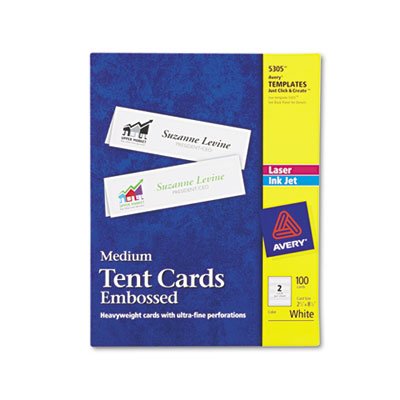 Avery Medium Embossed Tent Cards, White, 2 1/2 x 8 1/2, 2 Cards/Sheet, 100/Box AVE5305