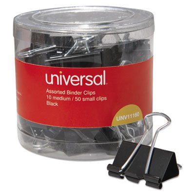 09001201 Medium/Small Binder Clips, 5/8", 3/8" Capacity, 1 1/4", 3/4" Wide, Black, 60/PK UNV11160