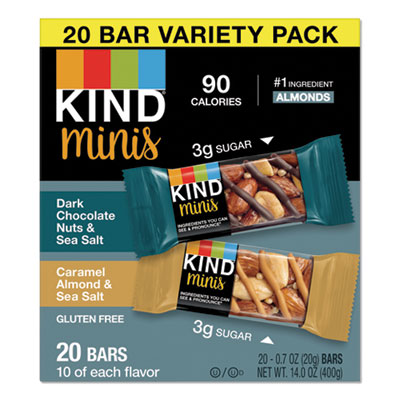 KIND Minis, Dark Chocolate Nuts and Sea Salt/Caramel Almond and Sea Salt, 0.7 oz, 20/Pack KND27964