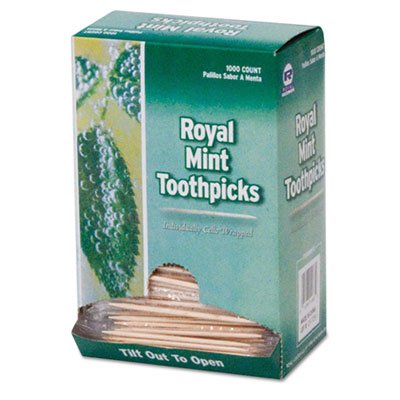 Royal RPP RM115 Mint Cello-Wrapped Wood Toothpicks, 2 1/2", Natural, 1000/Box, 15 Boxes/Carton RPPRM115