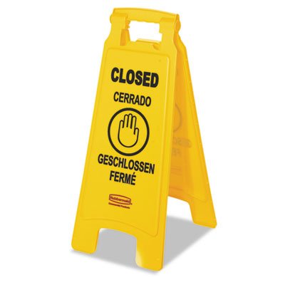 RCP 6112-78 YEL Multilingual "Closed" Sign, 2-Sided, Plastic, 11w x 1.5d x 26h, Yellow RCP611278YEL