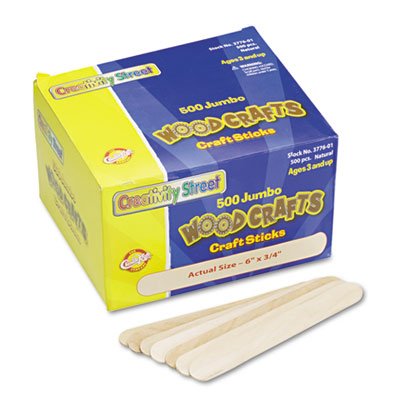 Chenille Kraft Natural Wood Craft Sticks, Jumbo Size, 6 x 3/4, Wood, Natural, 500/Box CKC377601