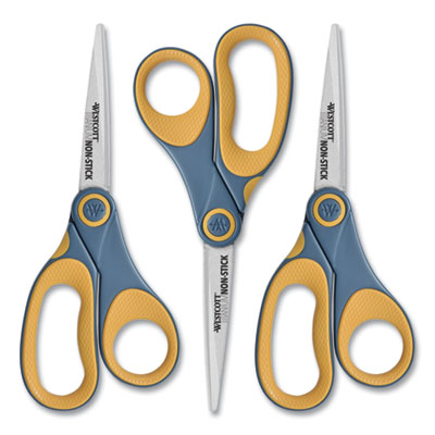 Westcott Non-Stick Titanium Bonded Scissors, 8" Long, 3.25" Cut Length, Gray/Yellow Straight Handles, 3/Pack ACM15454