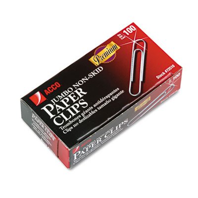Acco A7072510G Nonskid Premium Paper Clips, Metal Wire, Jumbo, Silver, 100/Box, 10 Boxes/Pack ACC72510