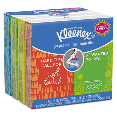 Kleenex On The Go Packs Facial Tissues, 3-Ply, White, 10 Sheets/Pouch, 8 Pouches/Pack KCC46651