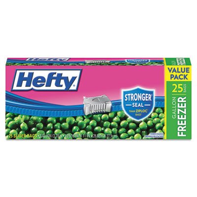 Hefty One Zip Slider Bags, Freezer, 1gal, 2.5 mil, Clear, 25/Box RFPR82425