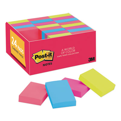 Post-it Notes Original Pads in Cape Town Colors, 1 3/8 x 1 7/8, Plain, 100-Sheet, 24