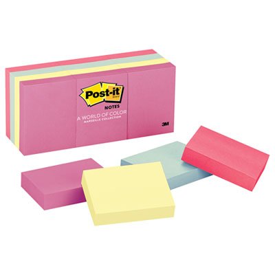 Post-It Notes 653AST Original Pads in Marseille Colors, 1-1/2 x 2, 100/Pad, 12 Pads/Pack MMM653AST