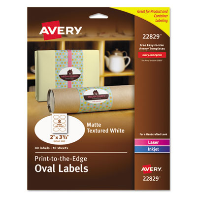 Avery Oval Print-to-the-Edge Labels, 2 x 3.33, White, 8/Sheet, 10 Sheets/Pack AVE22829