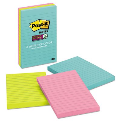 Post-it Notes Super Sticky 660-3SSMIA Pads in Miami Colors, 4 x 6, 90/Pad, 3 Pads/Pack MMM6603SSMIA