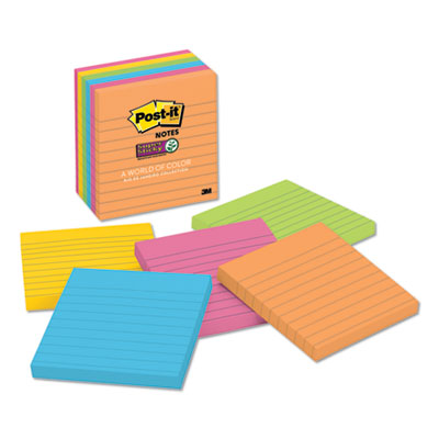 Post-it Notes Super Sticky Pads in Rio de Janeiro Colors, Lined, 4 x 4, 90-Sheet Pads, 6/Pack