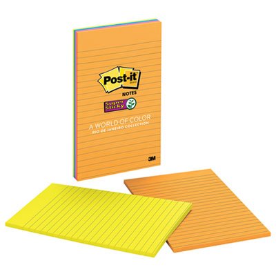 Post-It Notes Super Sticky Pads in Rio de Janeiro Colors, 5 x 8, Lined, 45/Pad, 4 Pads/Pack