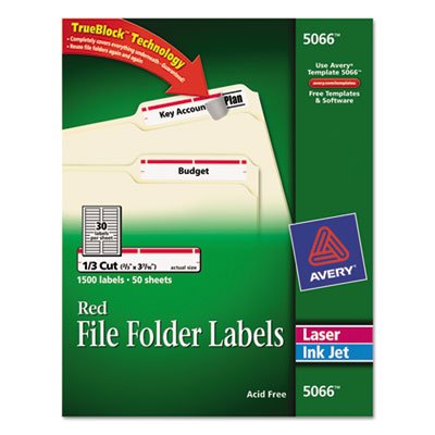 Avery Permanent File Folder Labels, TrueBlock, Laser/Inkjet, Red, 1500/Box AVE5066