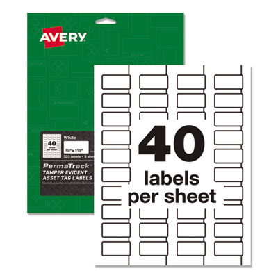 Avery PermaTrack Tamper-Evident Asset Tag Labels, Laser Printers, 0.75 x 1.5, White, 40/Sheet, 8 Sheets/Pack