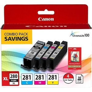 Canon PGI-280 XL / CLI-281 Combo Ink Pack with Glossy Photo Paper (50 Sheets, 4"x6" 2021C006