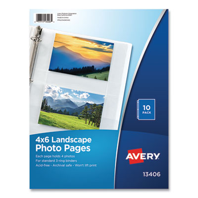 Avery Photo Storage Pages for Four 4 x 6 Horizontal Photos, 3-Hole Punched, 10/Pack AVE13406