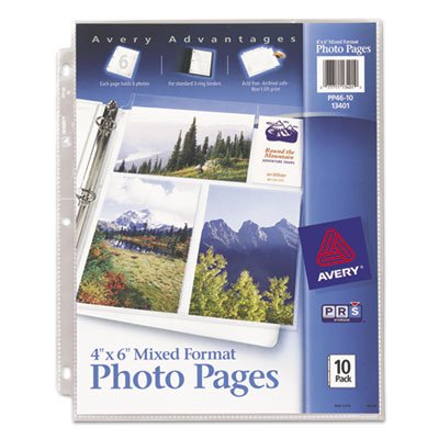 Avery Photo Storage Pages for Six 4 x 6 Mixed Format Photos, 3-Hole Punched, 10/Pack AVE13401