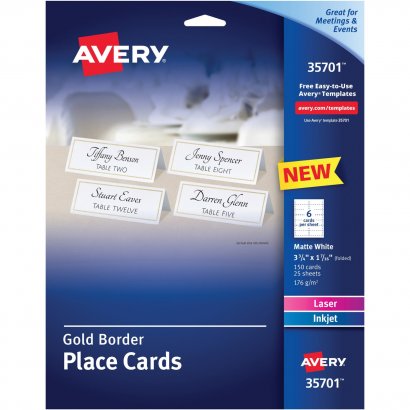 Avery Place Cards With Gold Border 1-7/16" x 3-3/4" , 65 lbs. 150 Cards 35701
