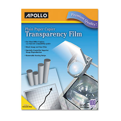 Apollo VPP201CE-A Plain Paper B/W Laser Transparency Film w/Handling Strip, Letter, Clear, 100/Box APOPP201C