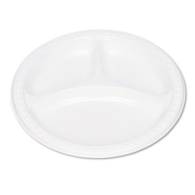 Plastic Dinnerware, Compartment Plates, 9" dia, White, 125/Pack TBL19644WH