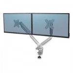 Fellowes Platinum Series Dual Monitor Arm, For 27" Monitors, 360 deg Rotation, 45 deg Tilt, 180 deg Pan, Silver, Supports