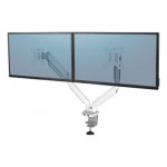 Fellowes Platinum Series Dual Monitor Arm, For 27" Monitors, 360 deg Rotation, 45 deg Tilt, 180 deg Pan, White, Supports