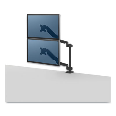 Fellowes Platinum Series Dual Stacking Arm for 27" Monitors, 360 deg Rotation, 180 deg Tilt, 360 deg Pan, Black, Supports