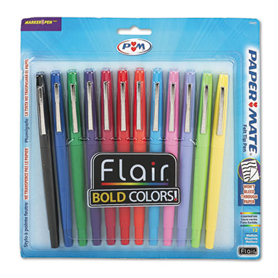 Paper Mate Point Guard Flair Bullet Point Stick Pen, Assorted Ink, 1.4mm, Dozen PAP74423