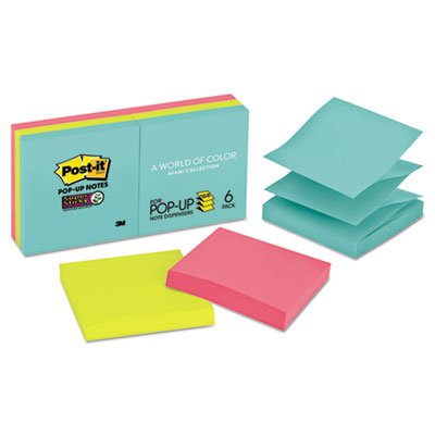 Post-it Pop-up Notes Super Sticky R330-6SSMIA Pop-up 3 x 3 Note Refill, Miami, 90/Pad, 6