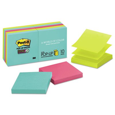 Post-it Pop-up Notes Super Sticky R330-10SSMIA Pop-up 3 x 3 Note Refill, Miami, 90/Pad, 10