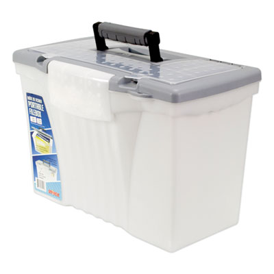 Storex Portable Letter/Legal Filebox with Organizer Lid, Letter/Legal Files, 14.5" x 10.5" x 12", Clear/Silver