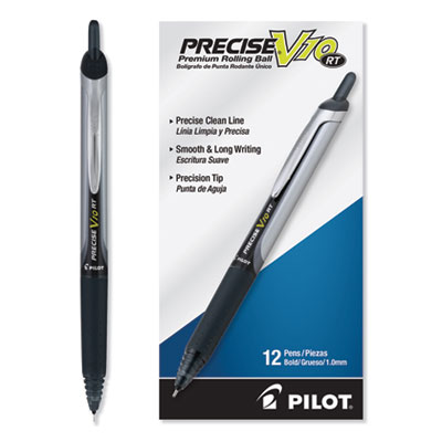 Pilot Precise V10RT Retractable Roller Ball Pen, Bold 1 mm, Black Ink/Barrel, Dozen PIL13450